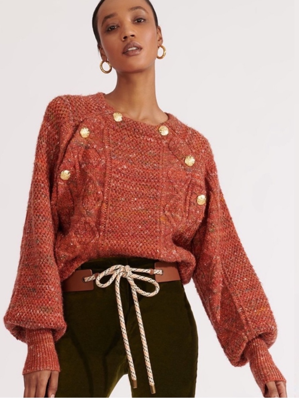 Veronica Beard Sweater Adelaida Crewneck Gold Buttons in Space Dye Red